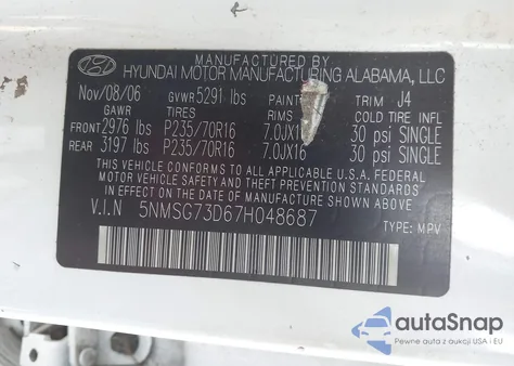 2007 Hyundai Santa Fe Gls from USA, damaged, VIN 5NMSG73D67H048687